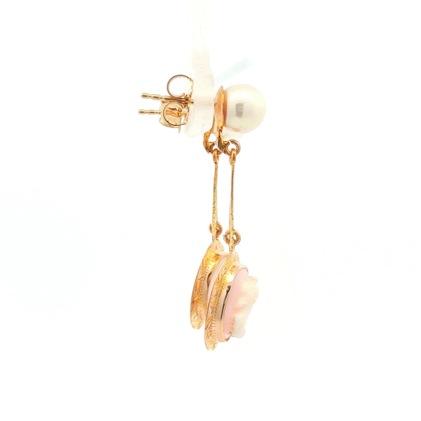 Victorian 10k yellow gold Pink Shell Cameo and Cultured Pearl Drop Earrings