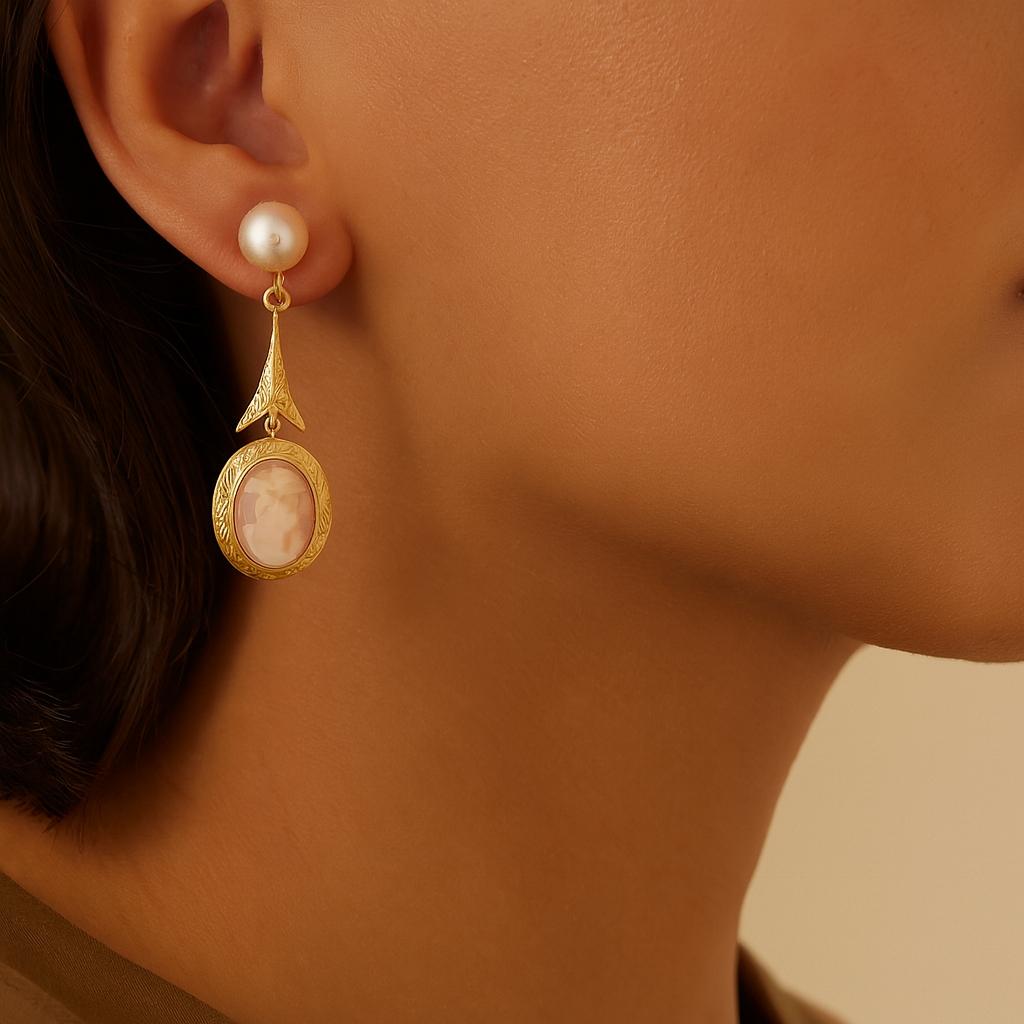Victorian 10k yellow gold Pink Shell Cameo and Cultured Pearl Drop Earrings