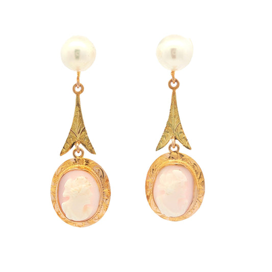 Victorian 10k yellow gold Pink Shell Cameo and Cultured Pearl Drop Earrings