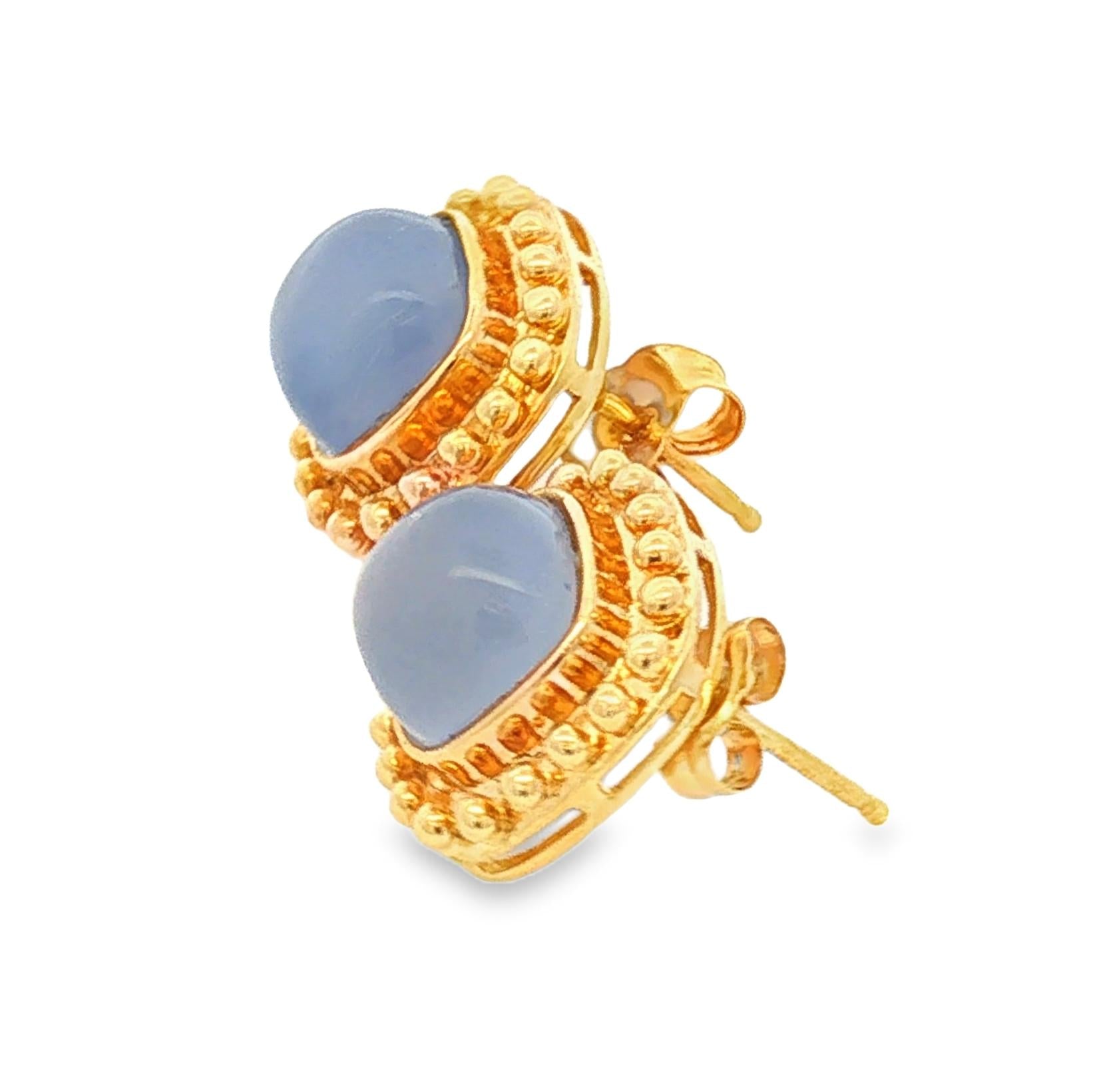 Vintage Blue Chalcedony and Beaded 14k yellow gold Bezel Earrings
