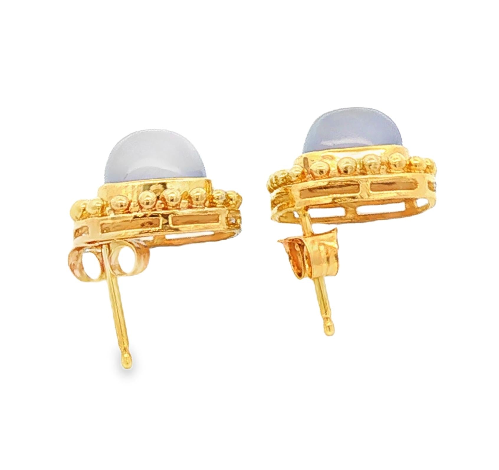 Vintage Blue Chalcedony and Beaded 14k yellow gold Bezel Earrings