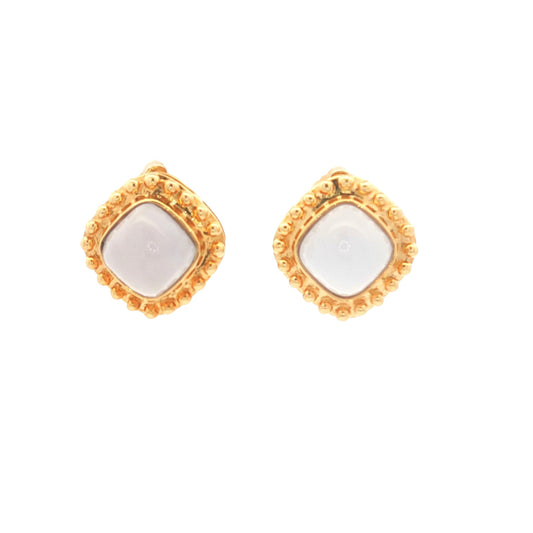 Vintage Blue Chalcedony and Beaded 14k yellow gold Bezel Earrings