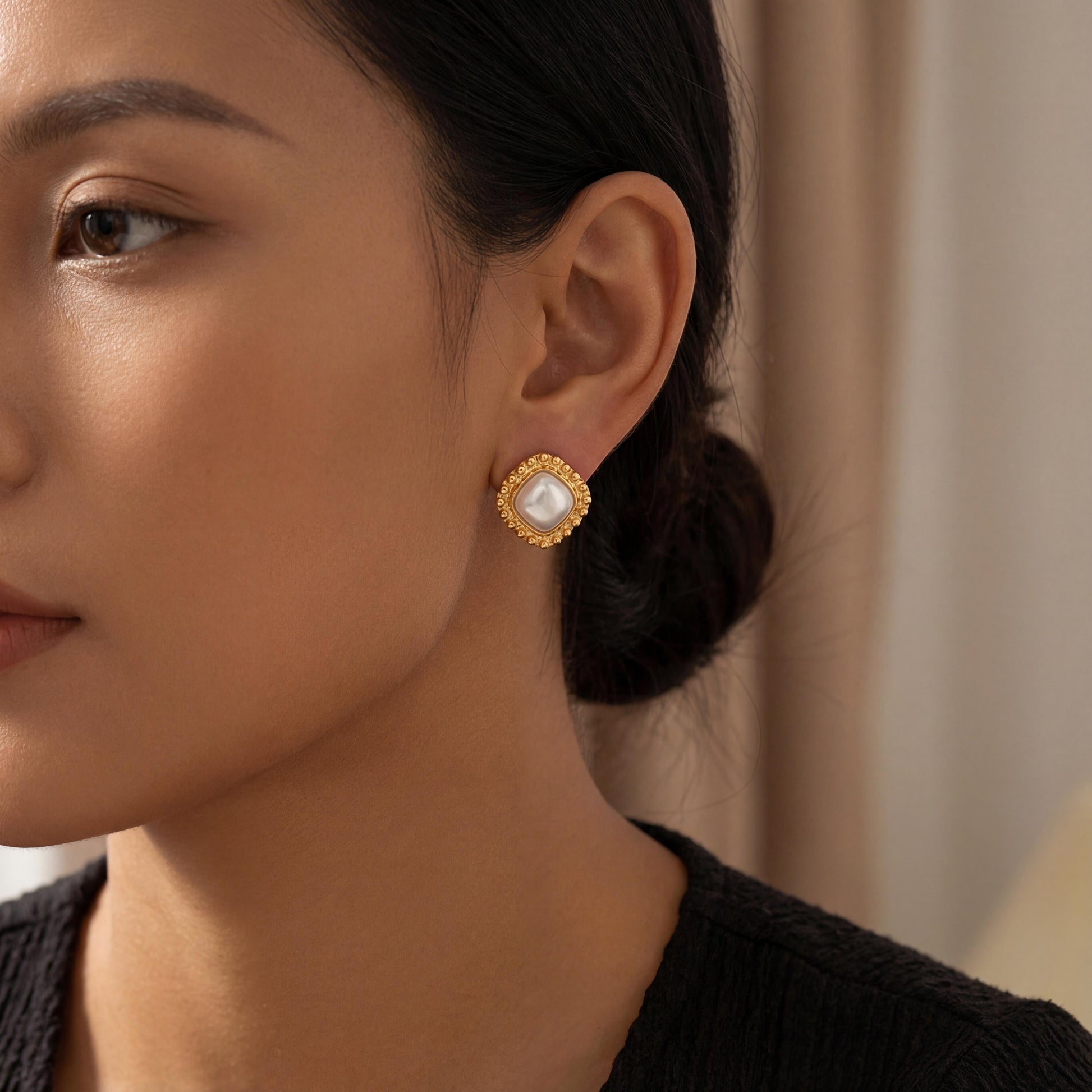 Vintage Blue Chalcedony and Beaded 14k yellow gold Bezel Earrings