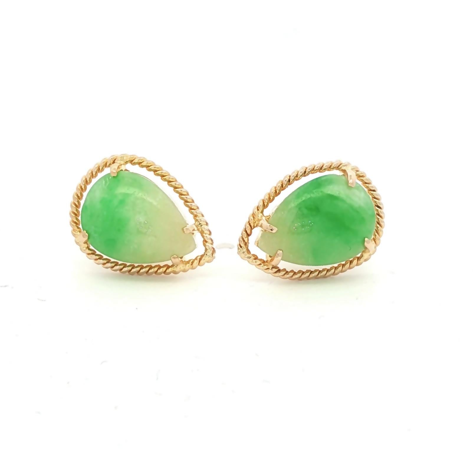 Vintage Pear Shape Jadeite 14k yellow gold Earrings with a Textured Border