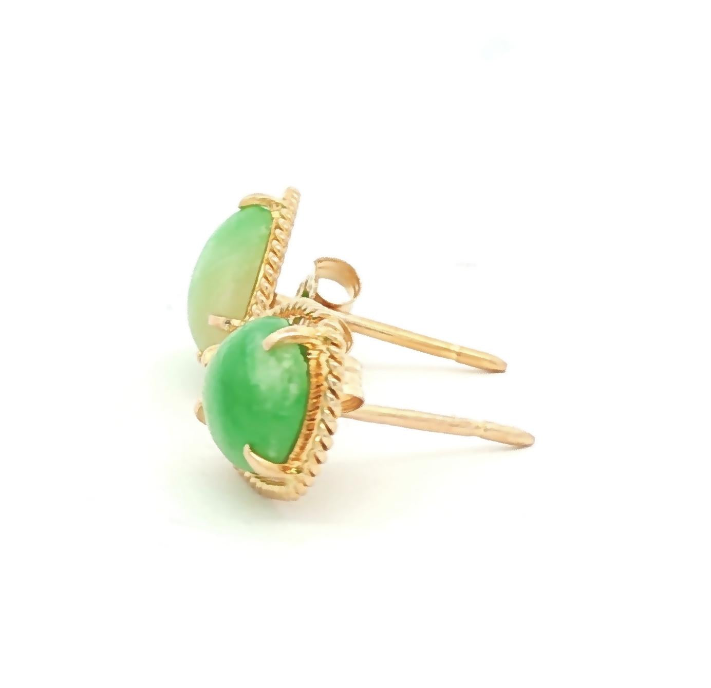 Vintage Pear Shape Jadeite 14k yellow gold Earrings with a Textured Border