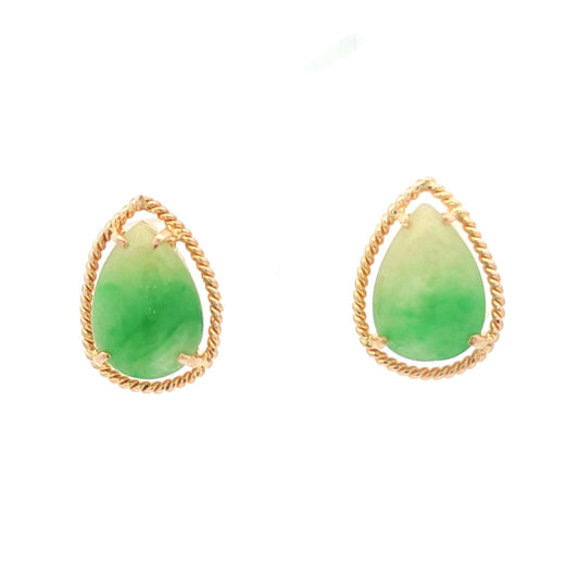 Vintage Pear Shape Jadeite 14k yellow gold Earrings with a Textured Border