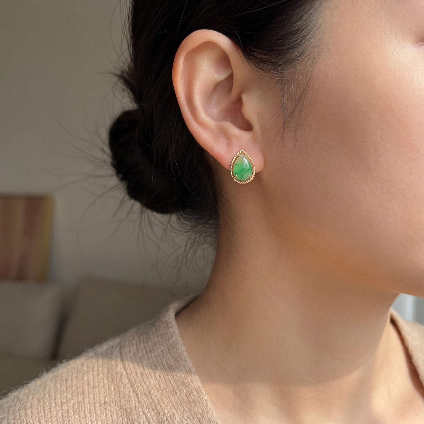 Vintage Pear Shape Jadeite 14k yellow gold Earrings with a Textured Border