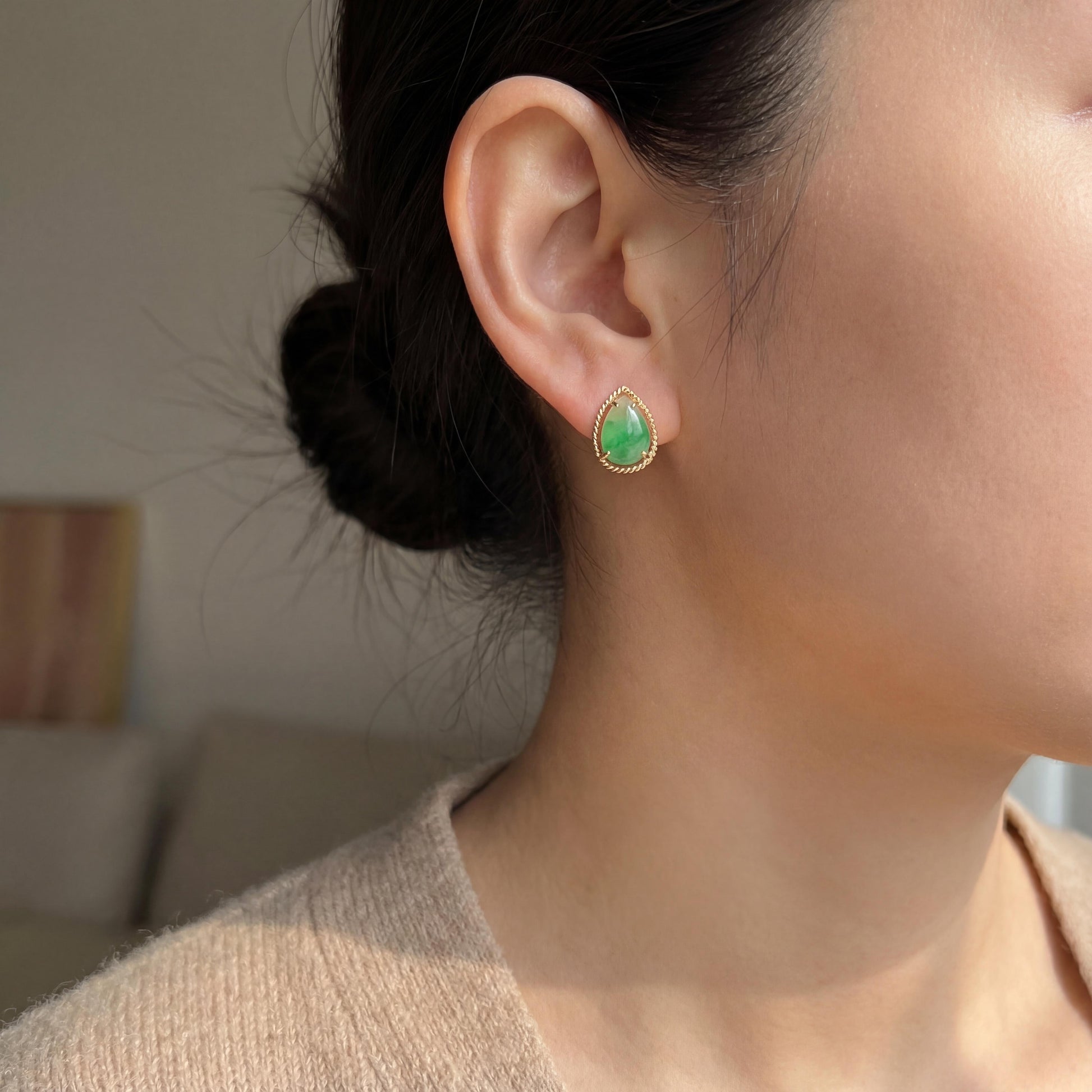 Vintage Pear Shape Jadeite 14k yellow gold Earrings with a Textured Border