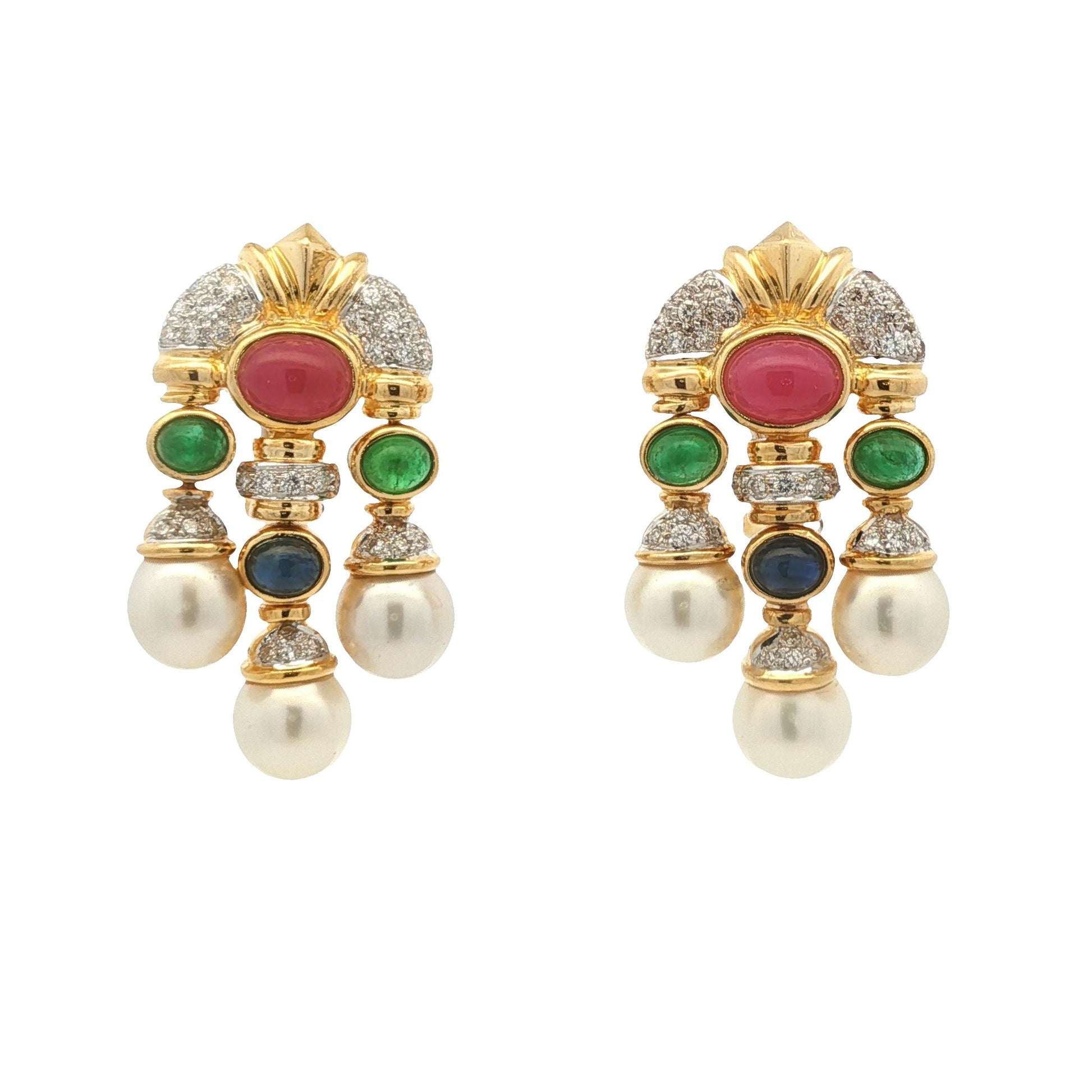 18k yellow gold Cabachon Ruby, Emerald, Sapphire, Diamond and Pearl Drop Earring