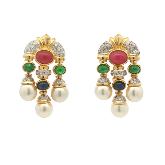 18k yellow gold Cabachon Ruby, Emerald, Sapphire, Diamond and Pearl Drop Earring