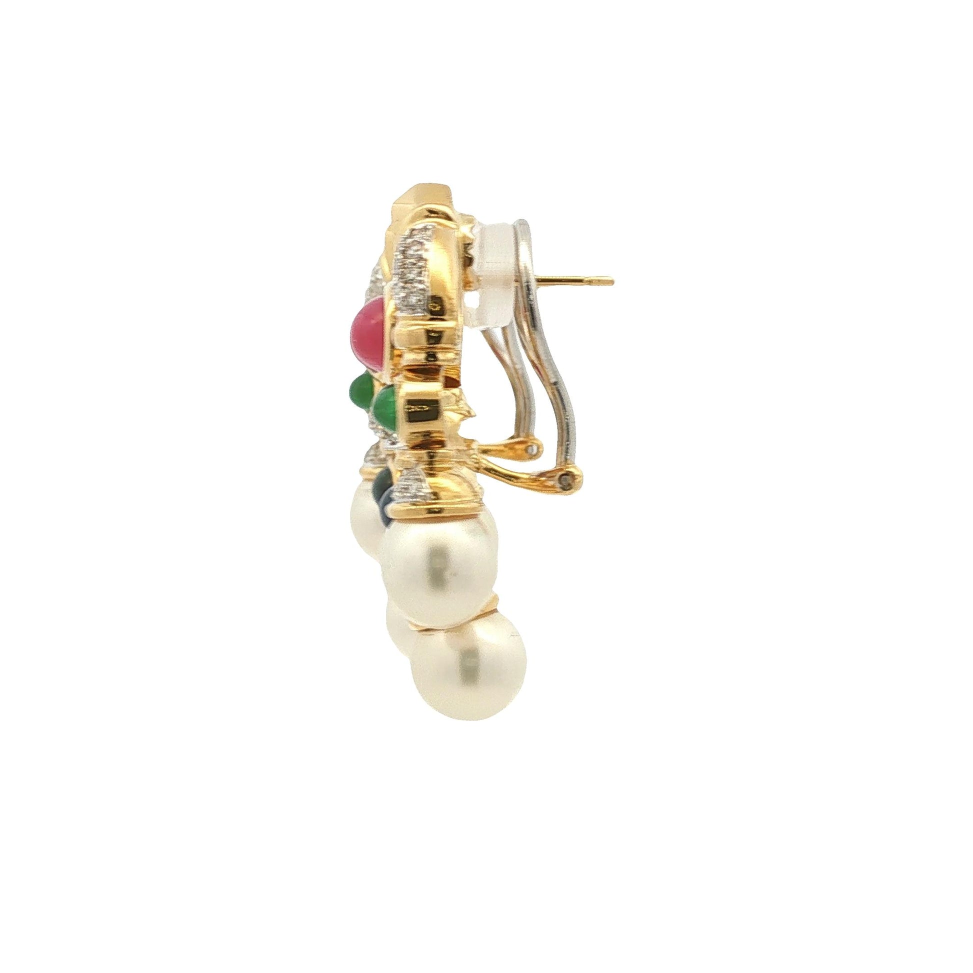 18k yellow gold Cabachon Ruby, Emerald, Sapphire, Diamond and Pearl Drop Earring