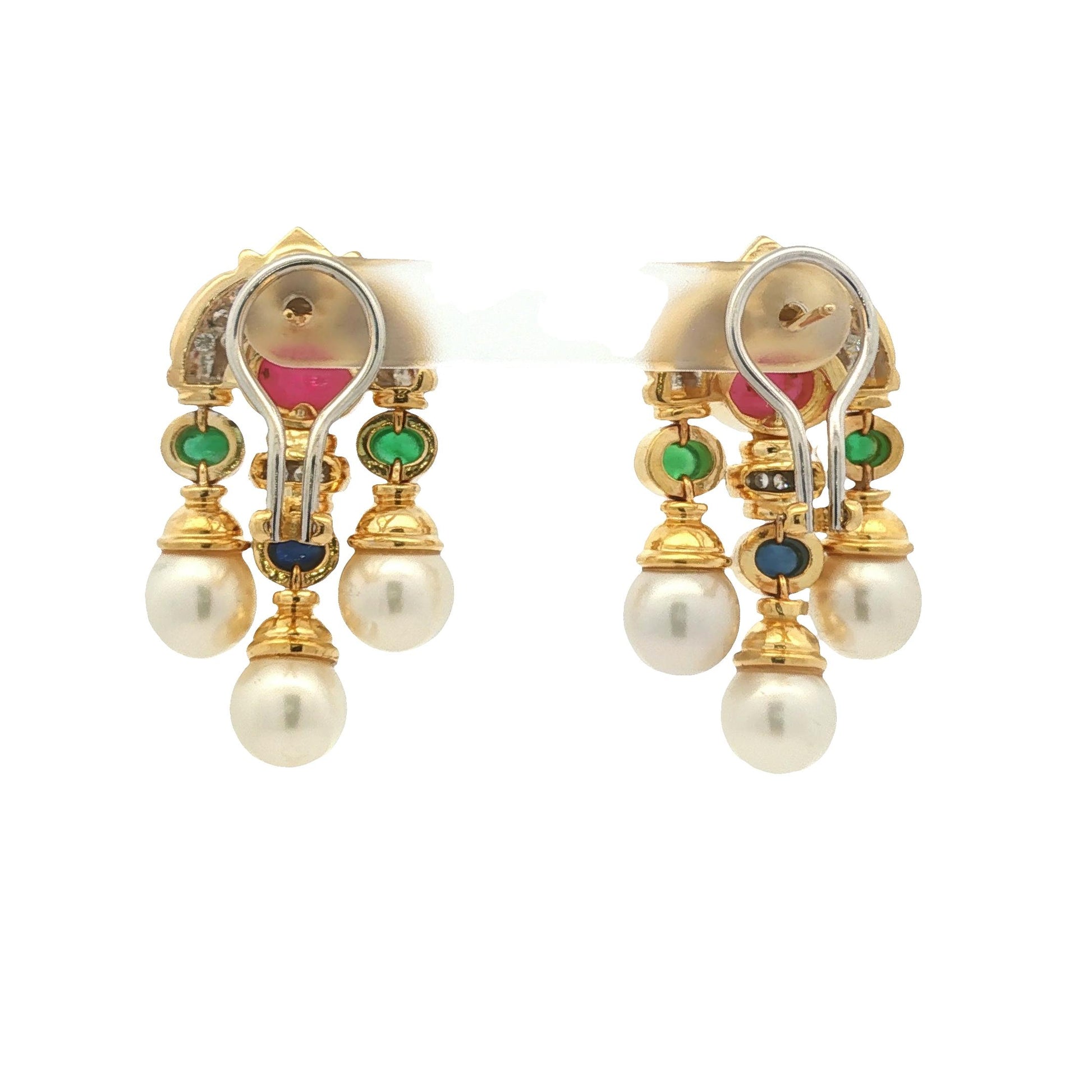 18k yellow gold Cabachon Ruby, Emerald, Sapphire, Diamond and Pearl Drop Earring