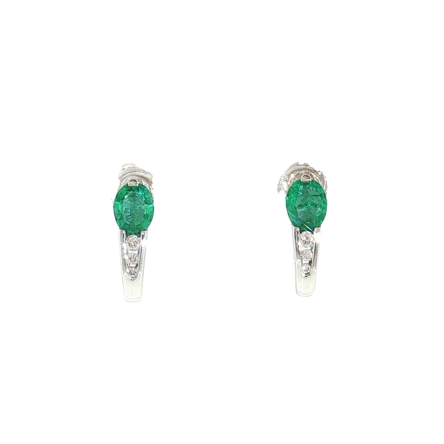 Late 20th Century 14k White Gold Emerald and Diamond J Shaped Hoop Earrings