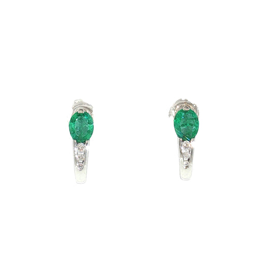 Late 20th Century 14k White Gold Emerald and Diamond J Shaped Hoop Earrings