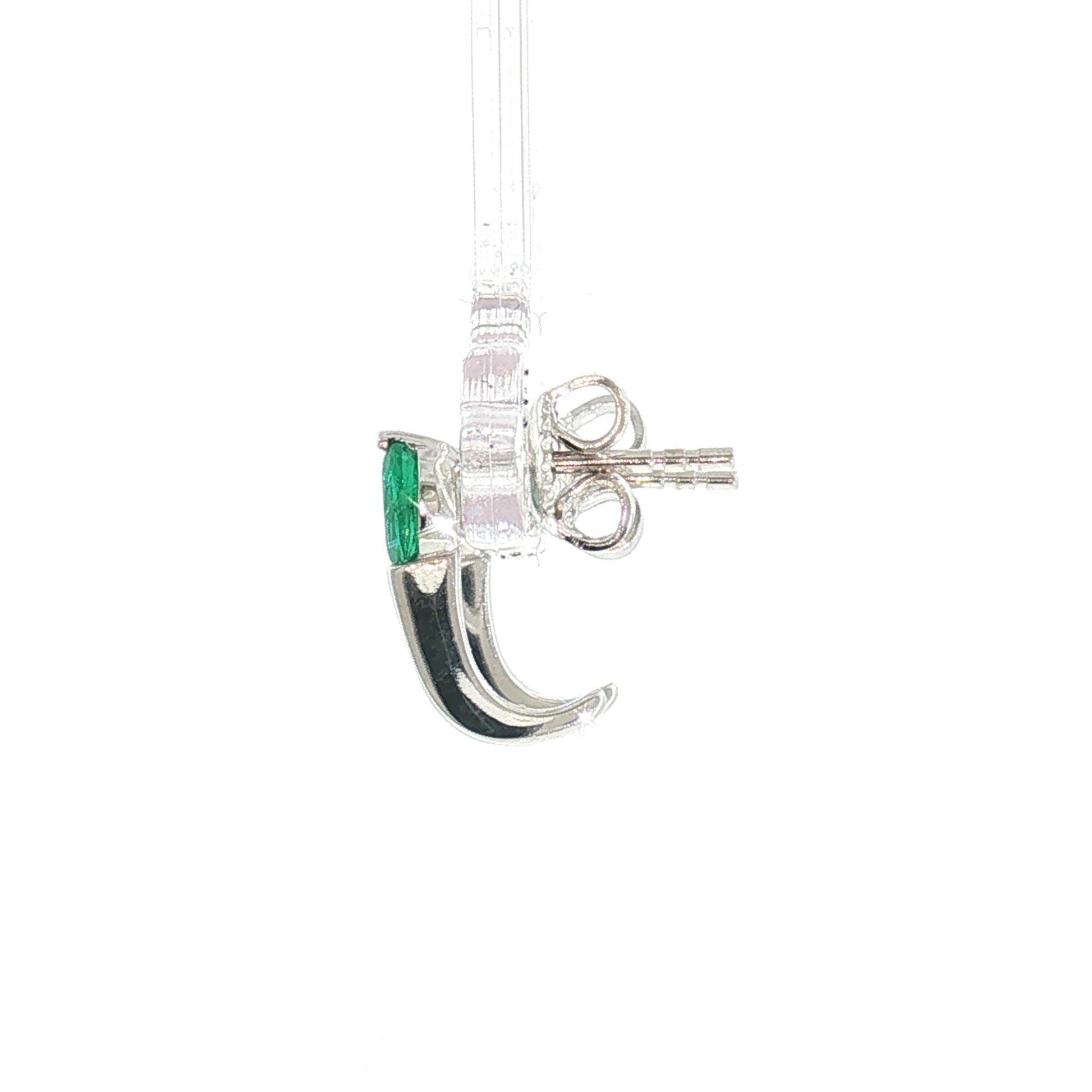 Late 20th Century 14k White Gold Emerald and Diamond J Shaped Hoop Earrings