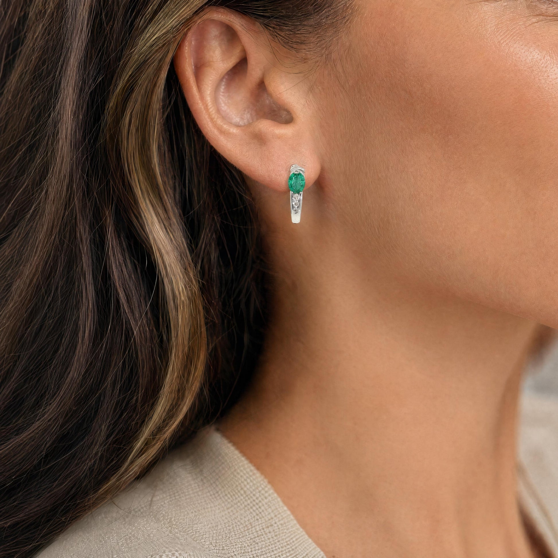 Late 20th Century 14k White Gold Emerald and Diamond J Shaped Hoop Earrings