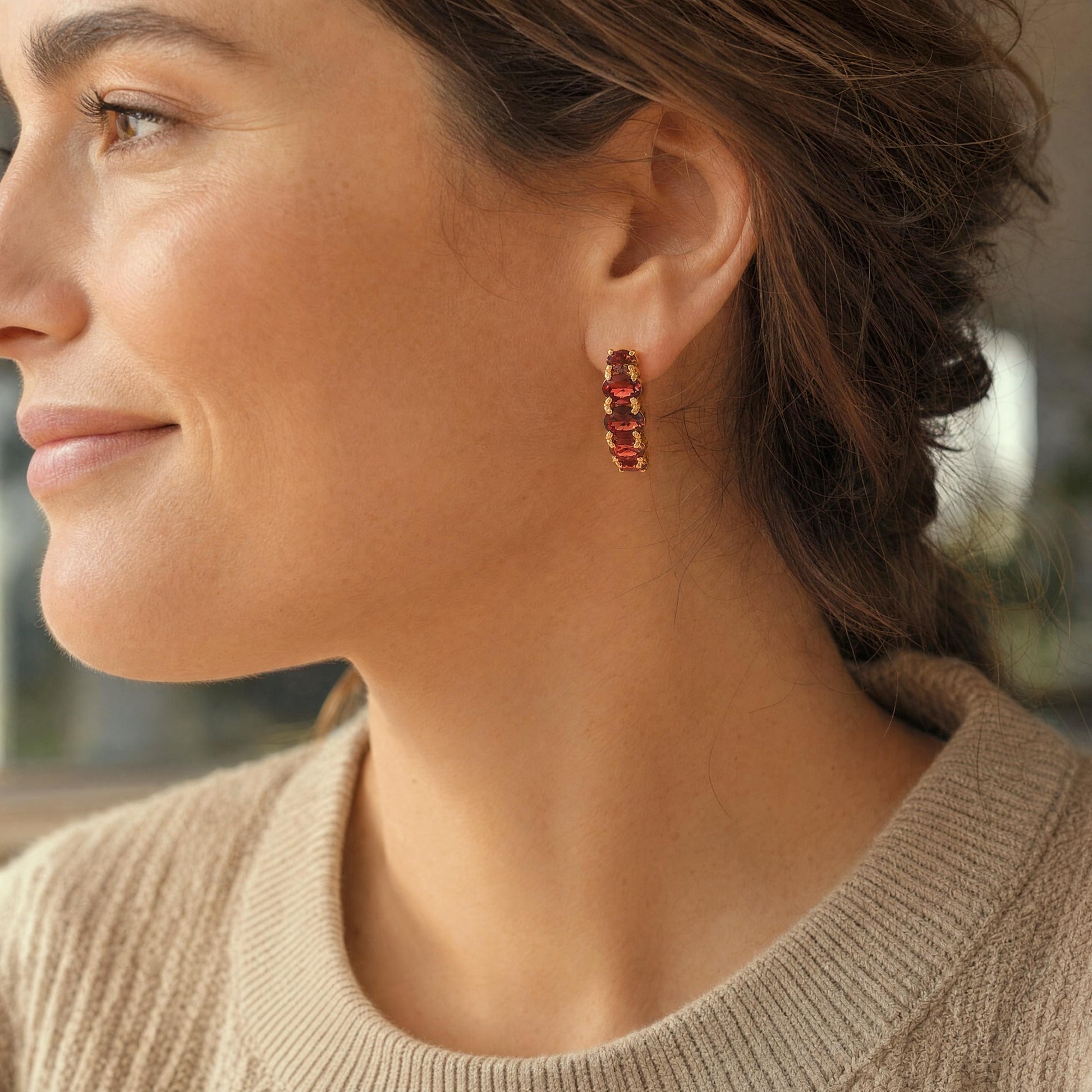 21st-Century 14k Yellow Gold Oval Garnet Half Hoop Earrings