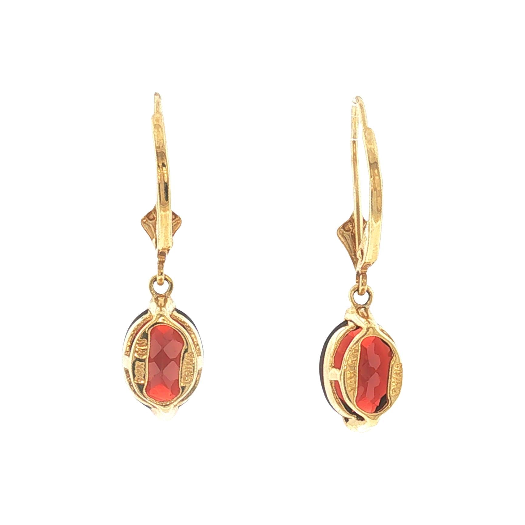 Modern 14k Yellow Gold Oval Garnet Wire Drop Earrings