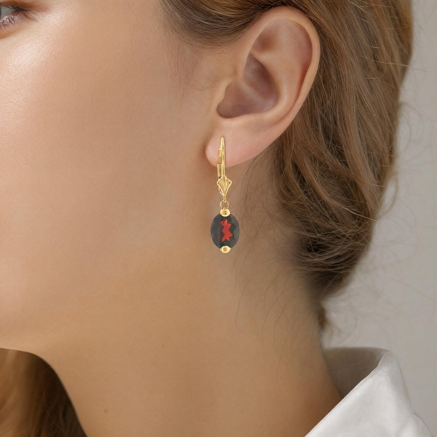 Modern 14k Yellow Gold Oval Garnet Wire Drop Earrings