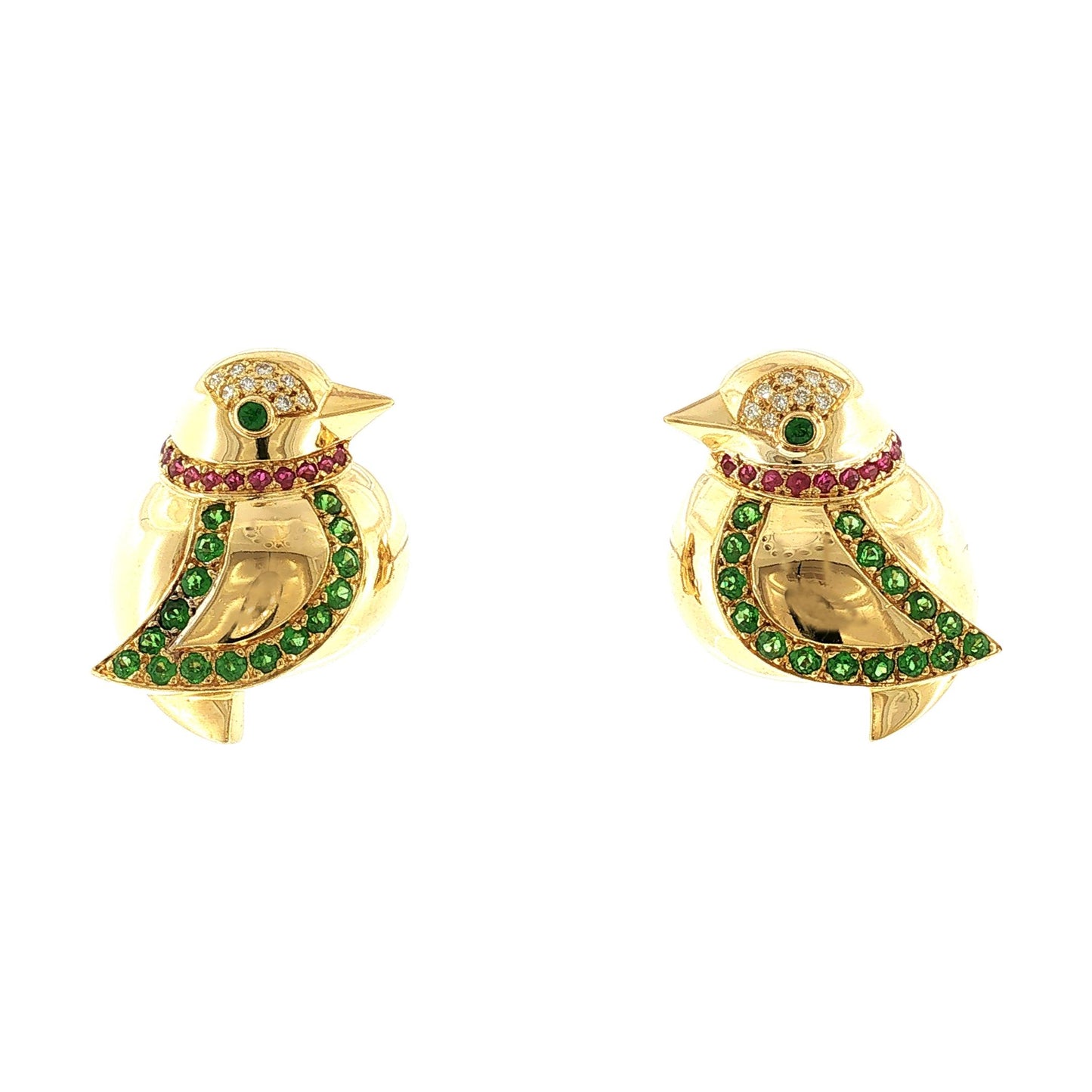 Late 20th Century 18k Yellow Gold Tsavorite, Ruby and Diamond Bird Earrings