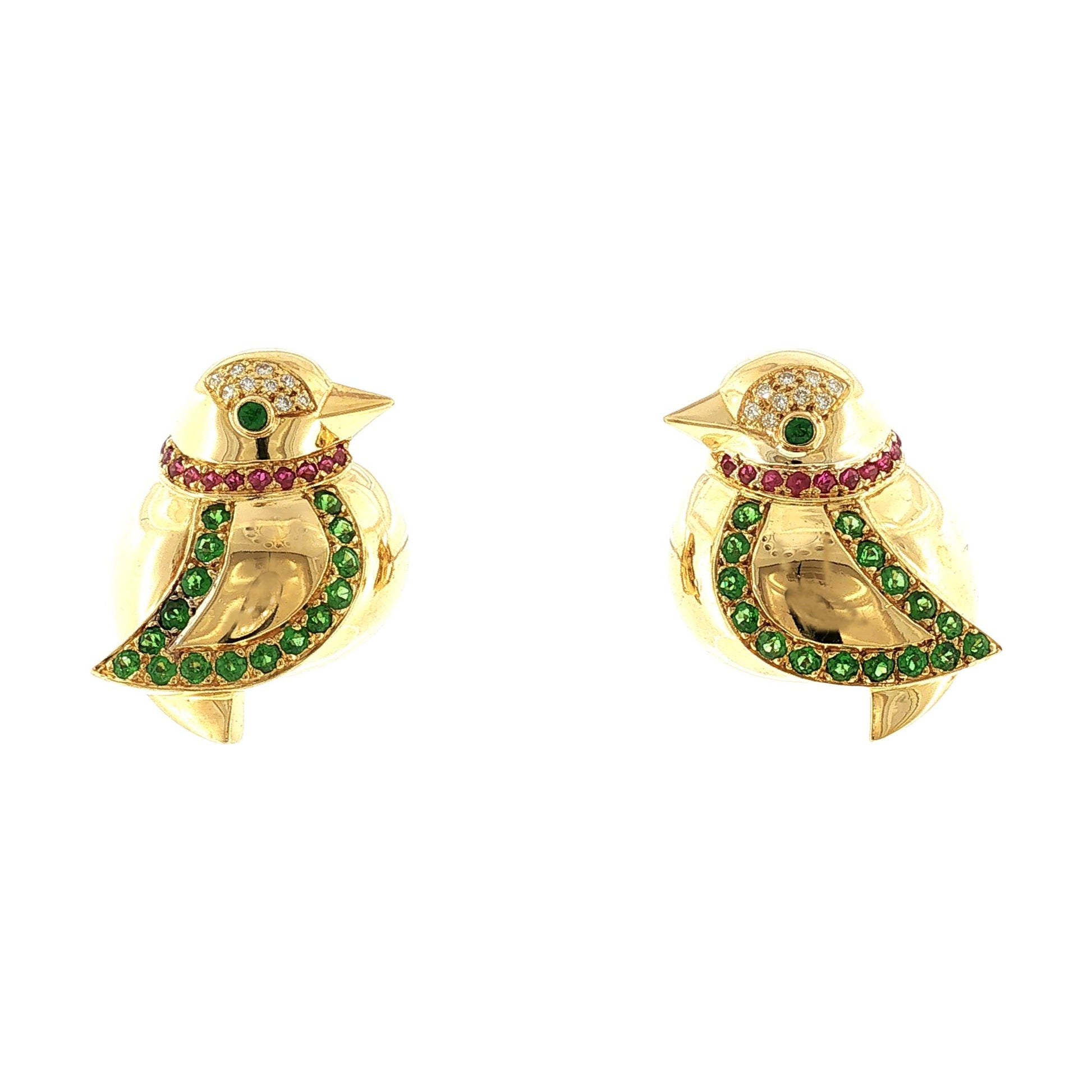 Late 20th Century 18k Yellow Gold Tsavorite, Ruby and Diamond Bird Earrings