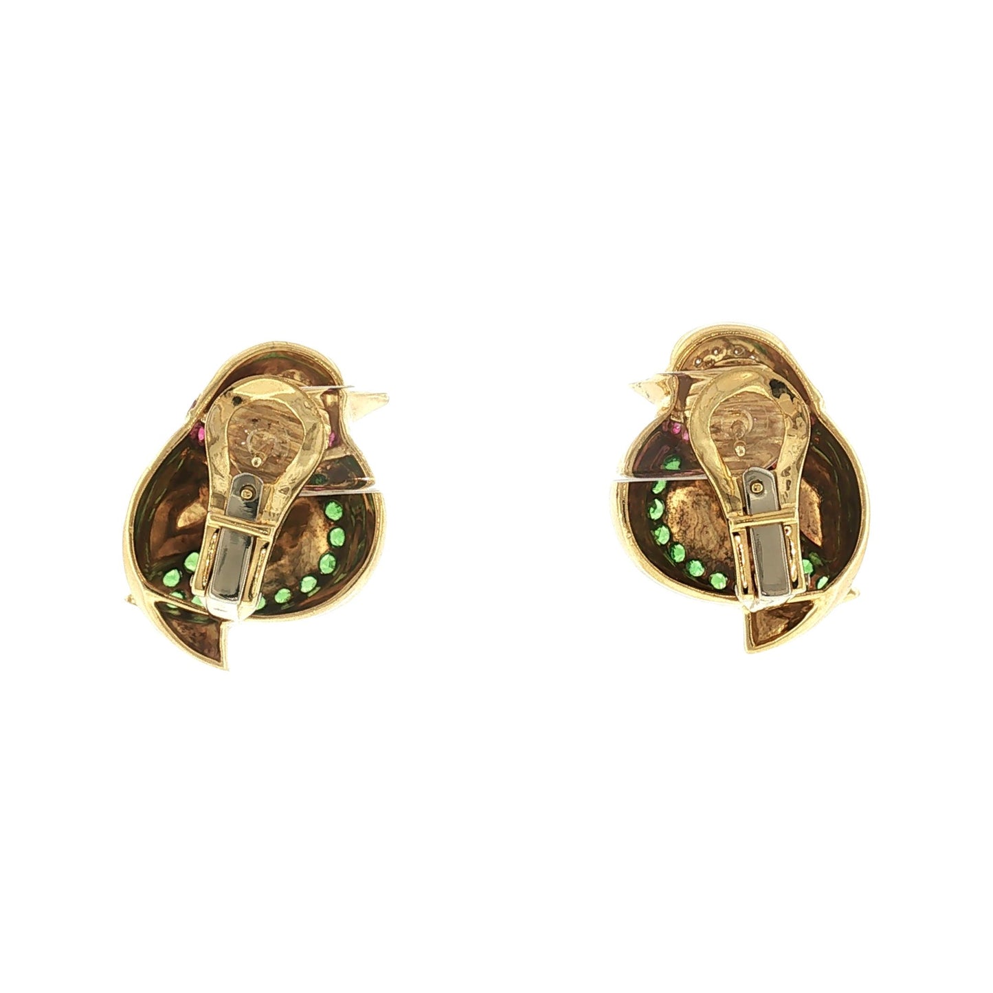 Late 20th Century 18k Yellow Gold Tsavorite, Ruby and Diamond Bird Earrings