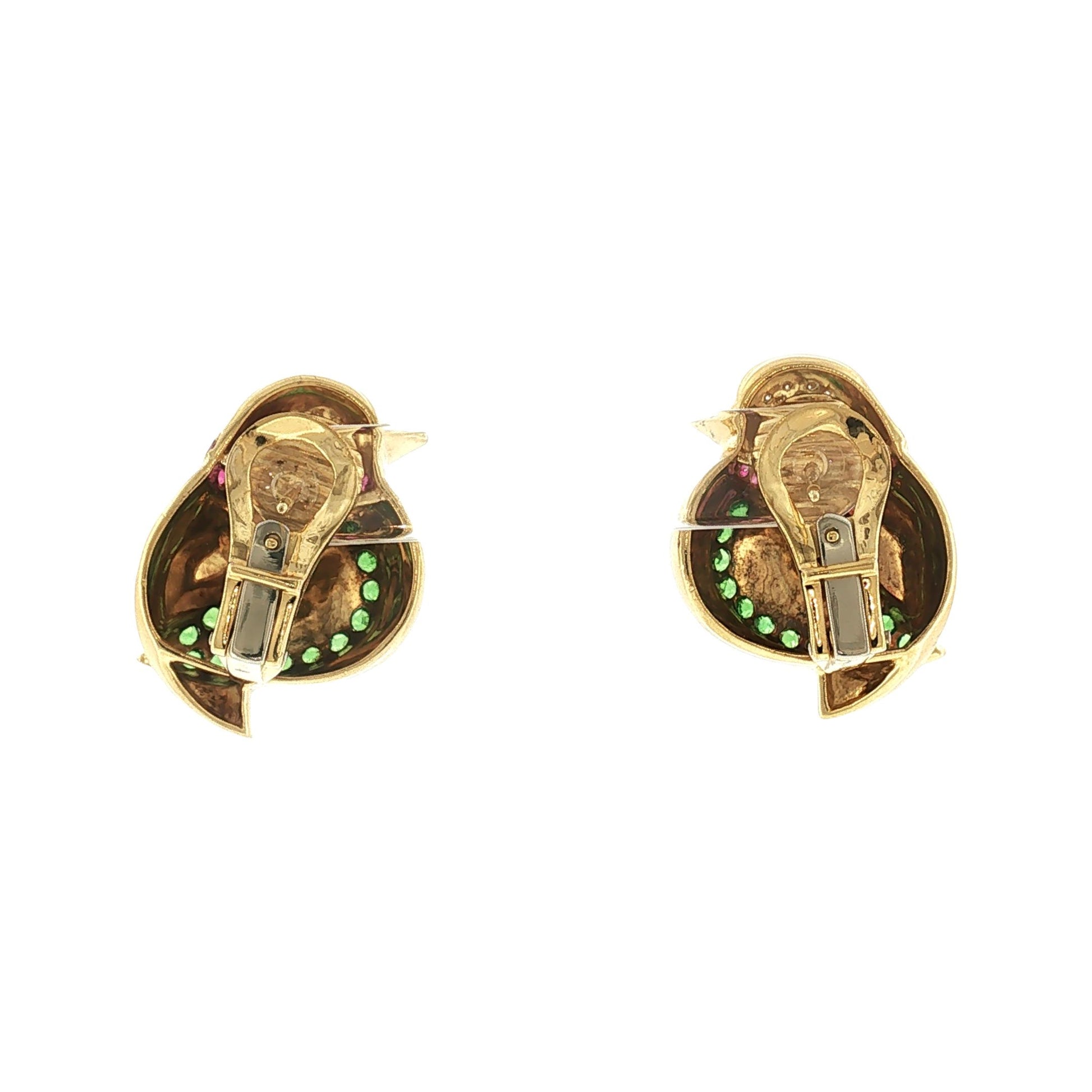 Late 20th Century 18k Yellow Gold Tsavorite, Ruby and Diamond Bird Earrings