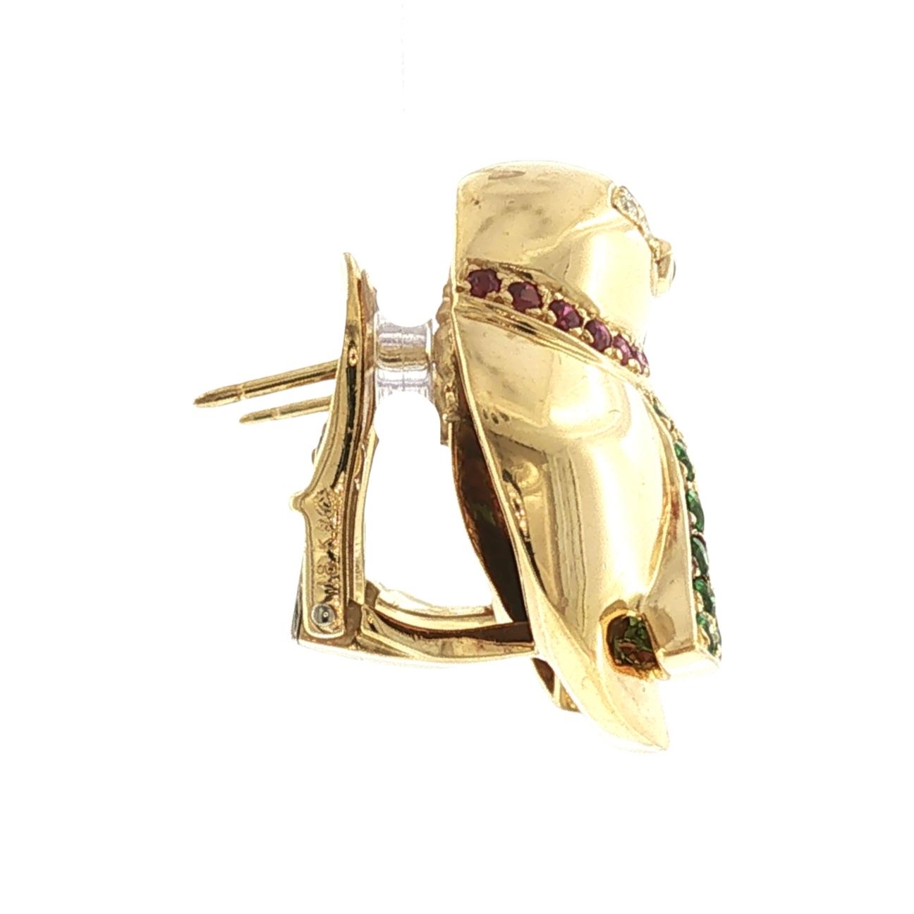 Late 20th Century 18k Yellow Gold Tsavorite, Ruby and Diamond Bird Earrings