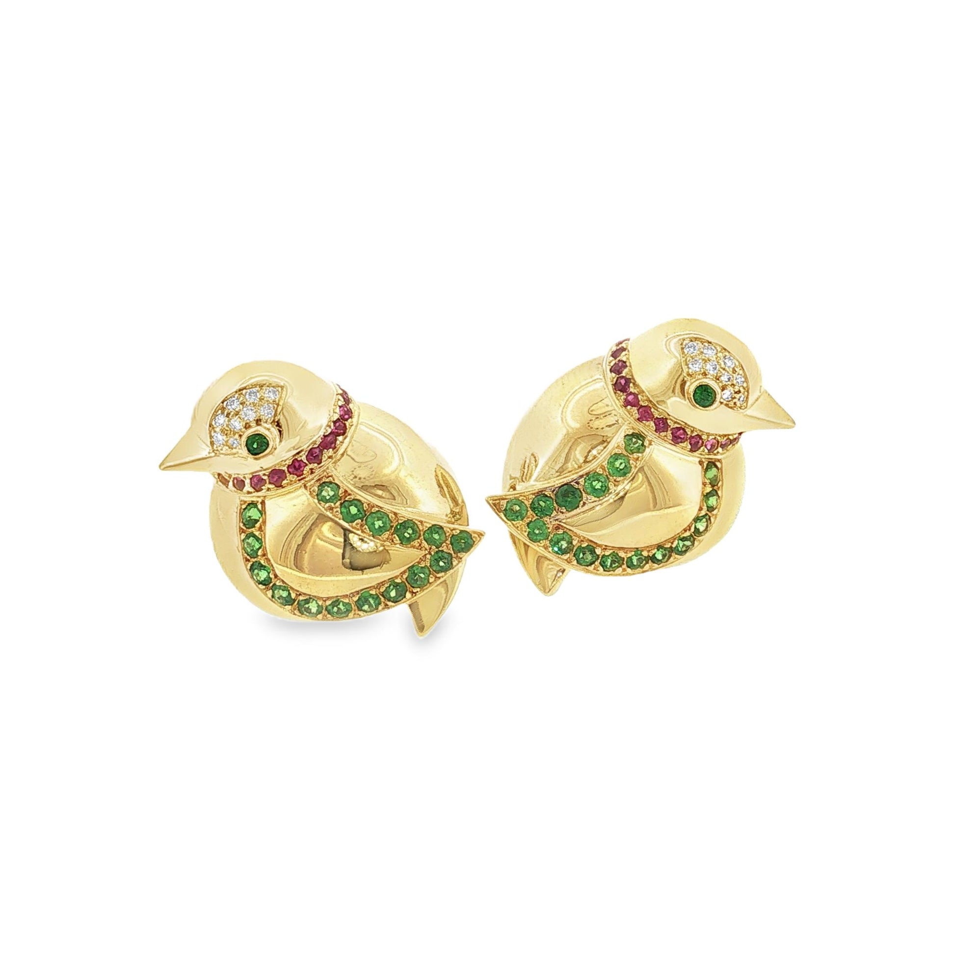 Late 20th Century 18k Yellow Gold Tsavorite, Ruby and Diamond Bird Earrings