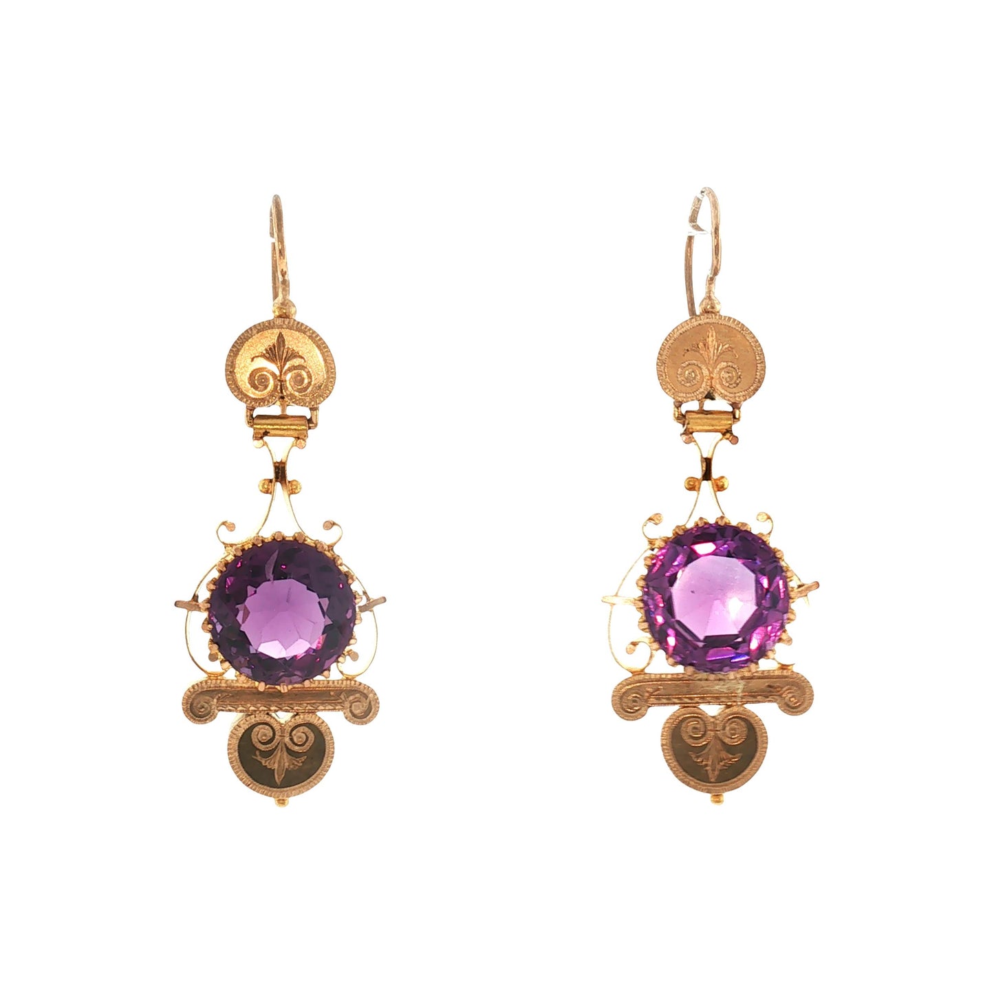 Late Victorian 14kyg Hand Engraved Amethyst Drop Earrings