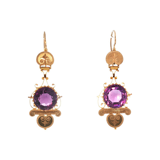 Late Victorian 14kyg Hand Engraved Amethyst Drop Earrings