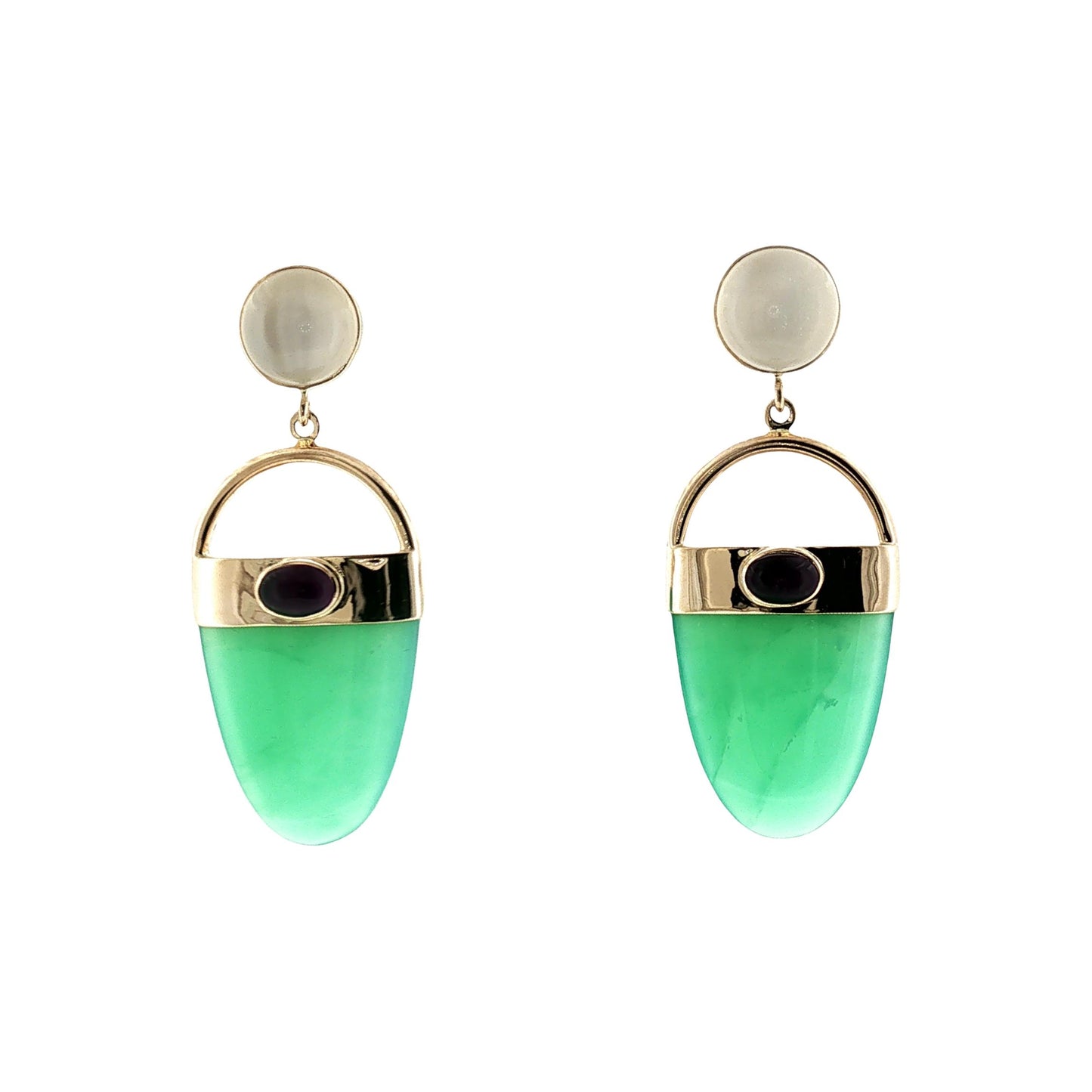 Late 20th-Century 14k Yellow Gold Chrysoprase, Moonstone and Amethyst Earrings