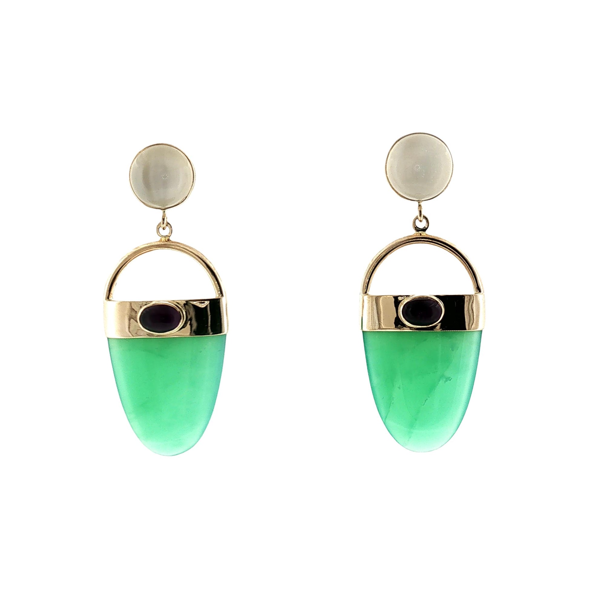 Late 20th-Century 14k Yellow Gold Chrysoprase, Moonstone and Amethyst Earrings