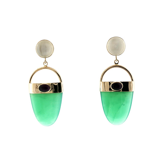Late 20th-Century 14k Yellow Gold Chrysoprase, Moonstone and Amethyst Earrings