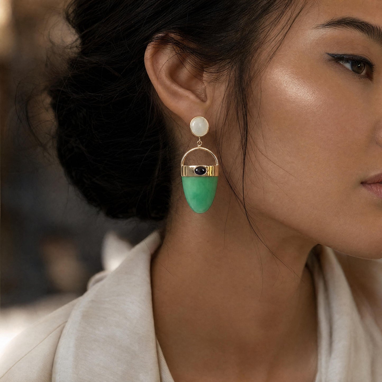Late 20th-Century 14k Yellow Gold Chrysoprase, Moonstone and Amethyst Earrings