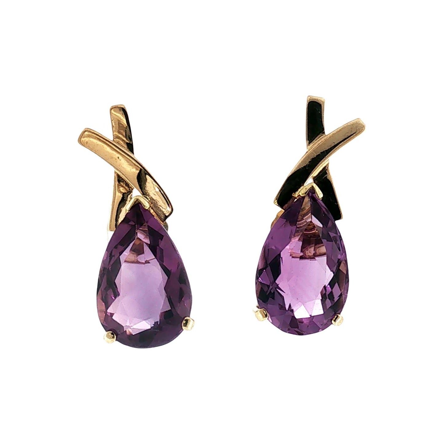 Late 20th-Century 14k Yellow Gold Pearshape Amethyst X Top Pierced Earrings