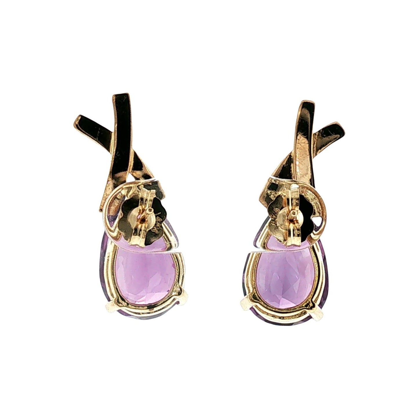 Late 20th-Century 14k Yellow Gold Pearshape Amethyst X Top Pierced Earrings
