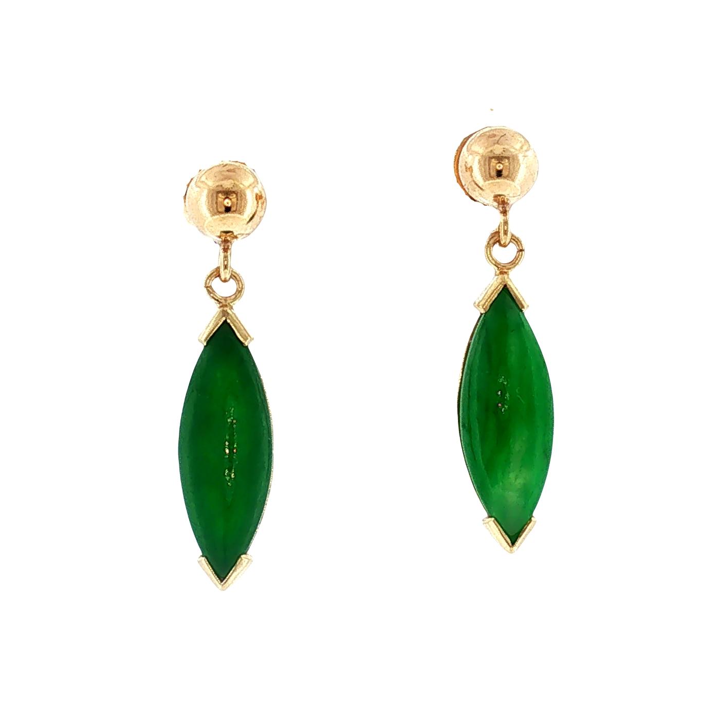 Late 20th-Century 14k Yellow Gold Marquise Shaped Jadeite Drop Earrings