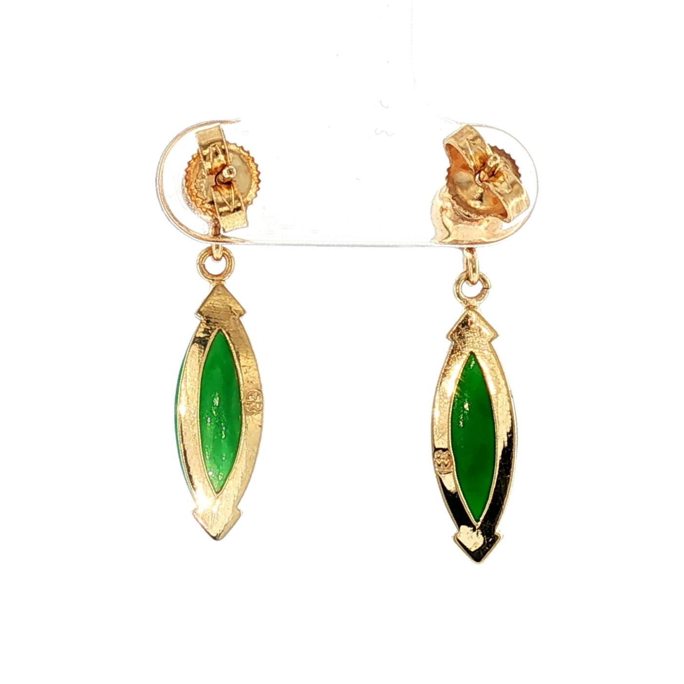 Late 20th-Century 14k Yellow Gold Marquise Shaped Jadeite Drop Earrings