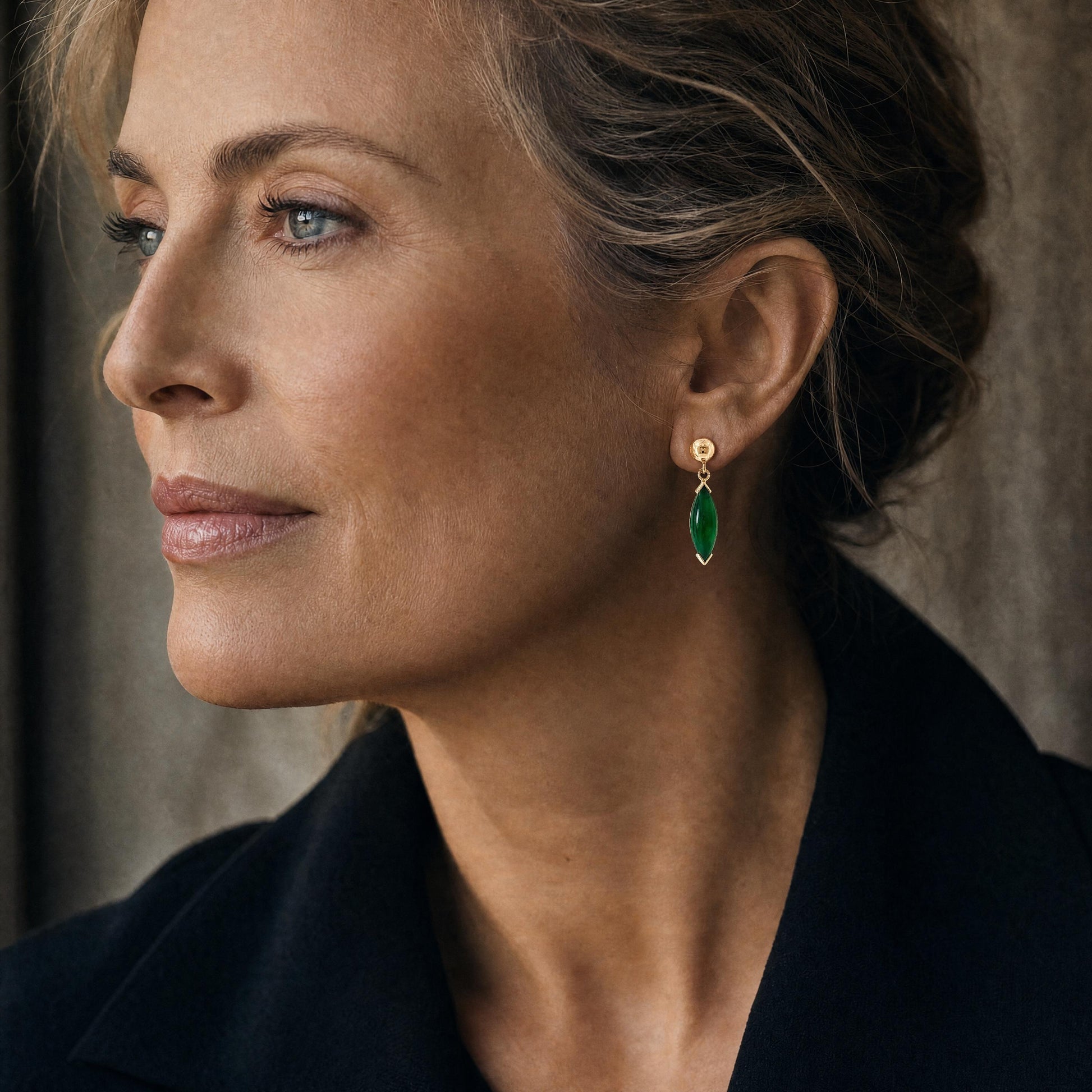Late 20th-Century 14k Yellow Gold Marquise Shaped Jadeite Drop Earrings