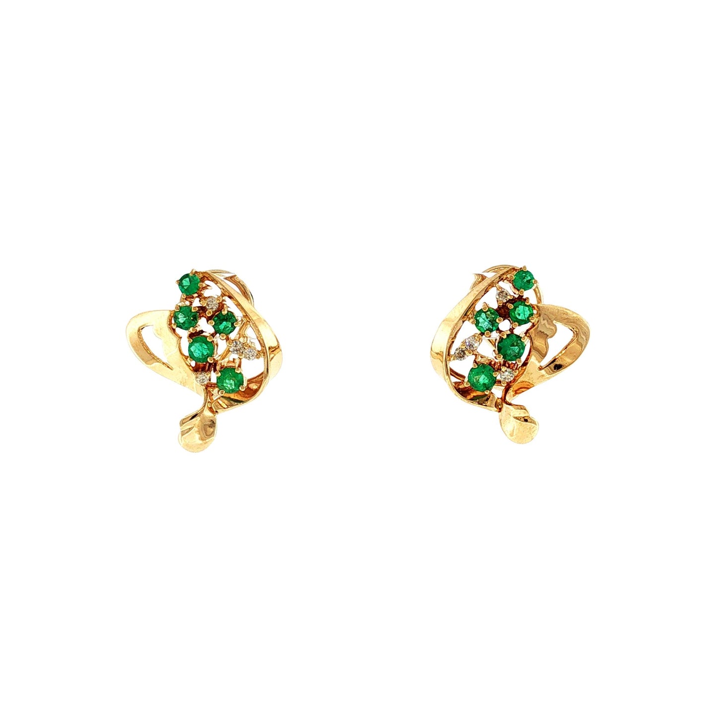 1960's 18k Yellow Gold Emerald and Diamond Stylized Earrings