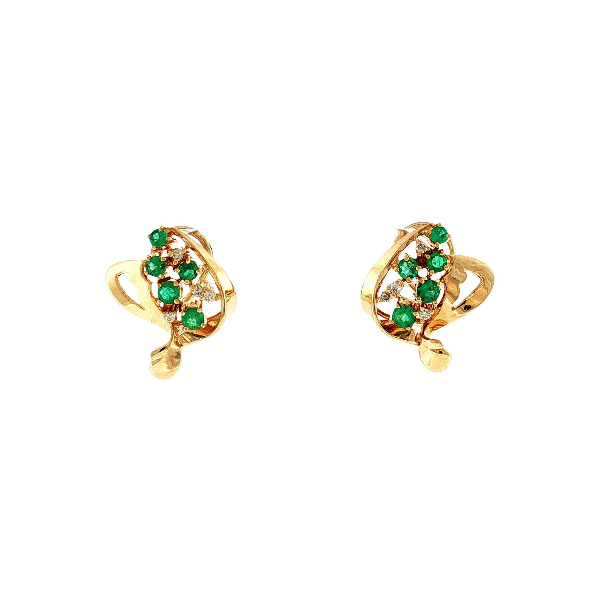 1960's 18k Yellow Gold Emerald and Diamond Stylized Earrings