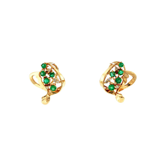 1960's 18k Yellow Gold Emerald and Diamond Stylized Earrings