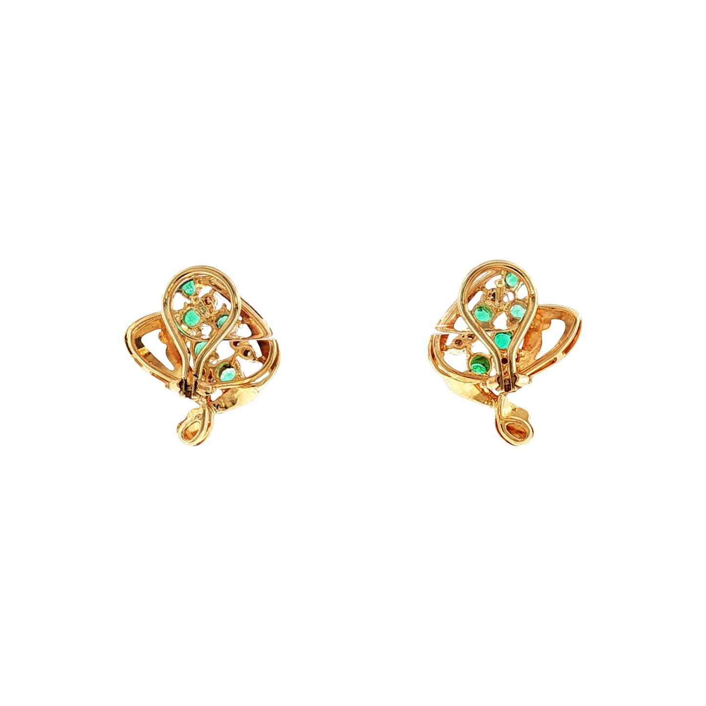 1960's 18k Yellow Gold Emerald and Diamond Stylized Earrings