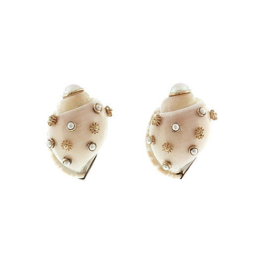 A Late 20th-Century 14 Karat Mazza Shell and Pearl Earrings