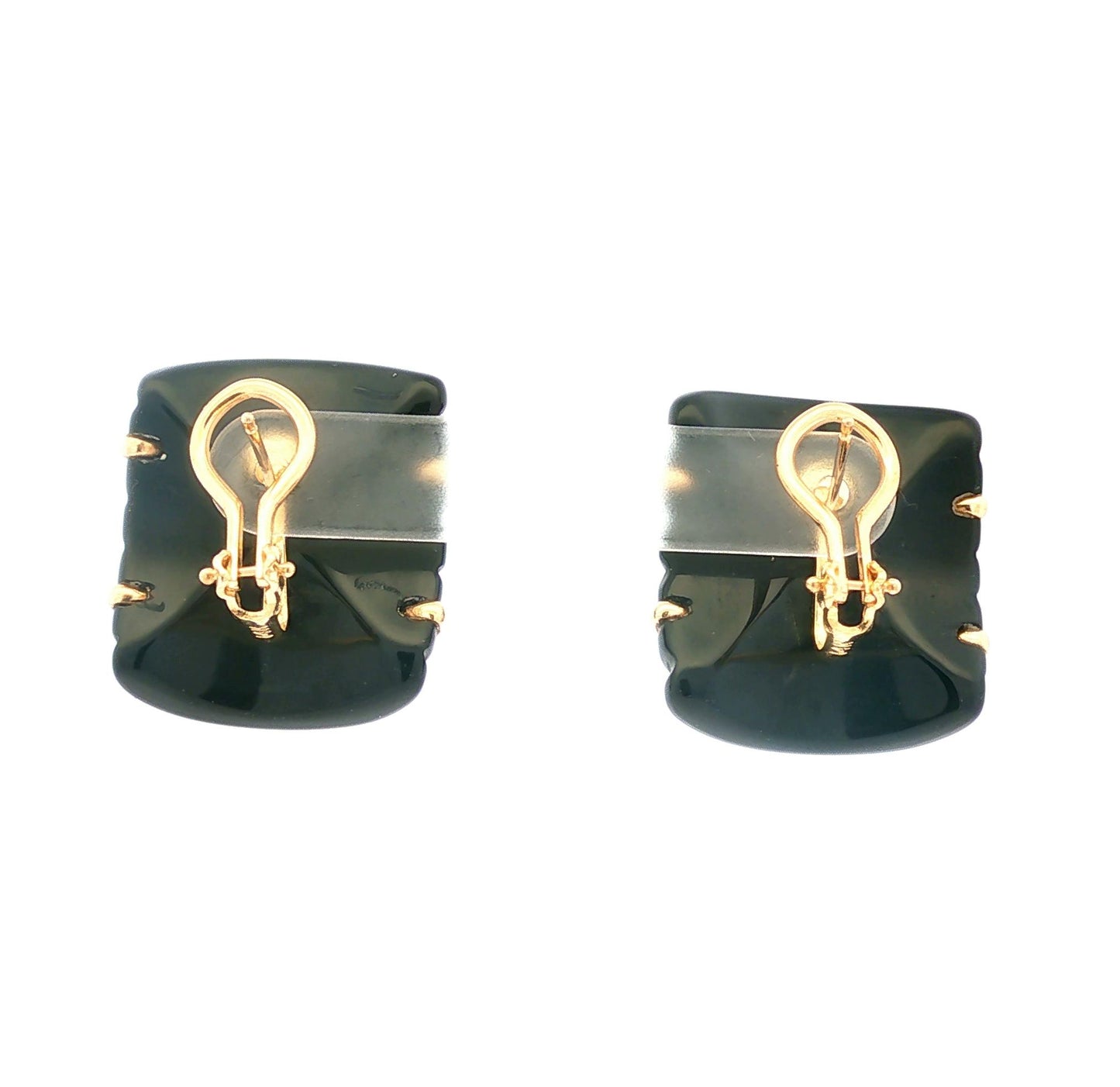 Vintage Cushion Ribbed Black Onyx and 14k Gold Earrings