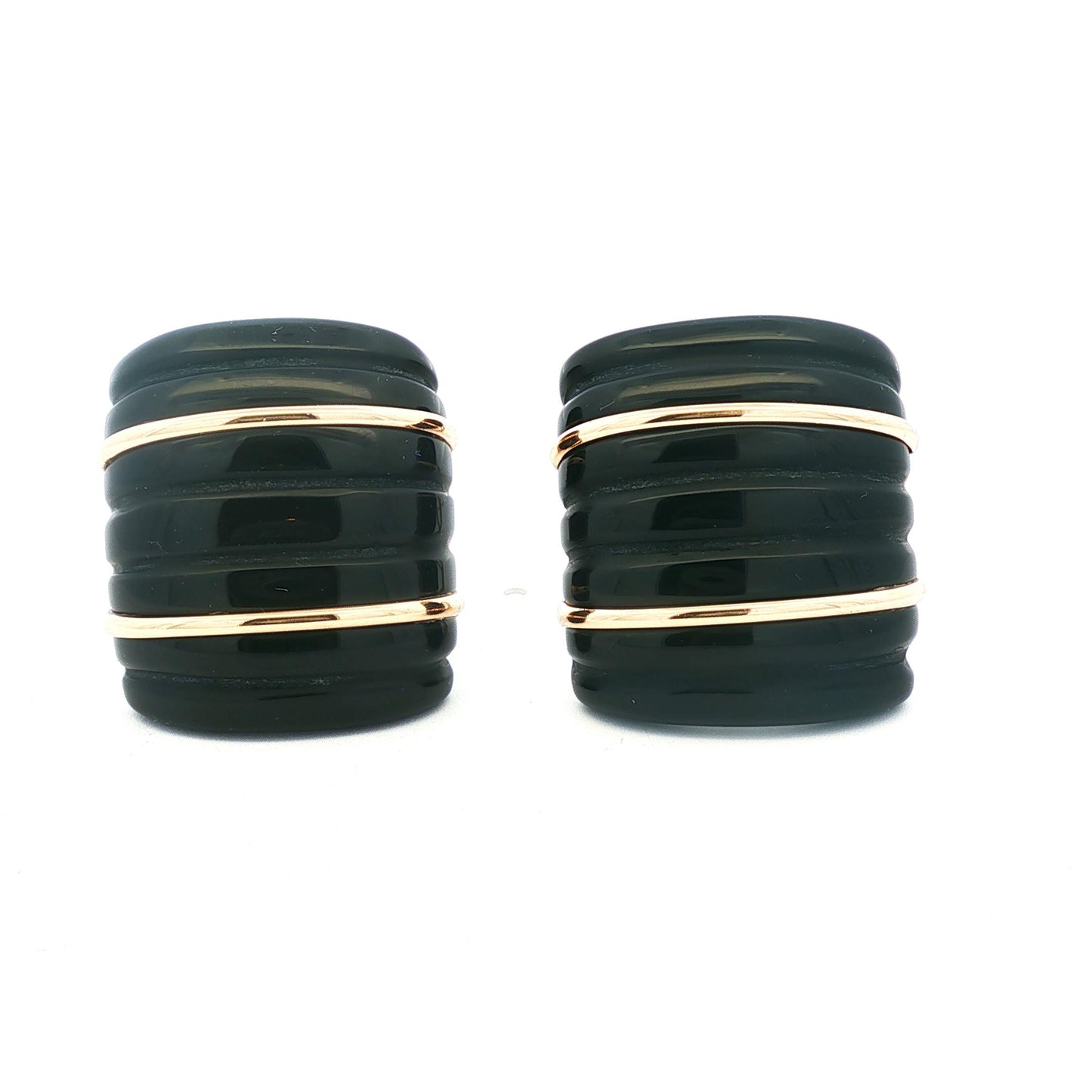 Vintage Cushion Ribbed Black Onyx and 14k Gold Earrings