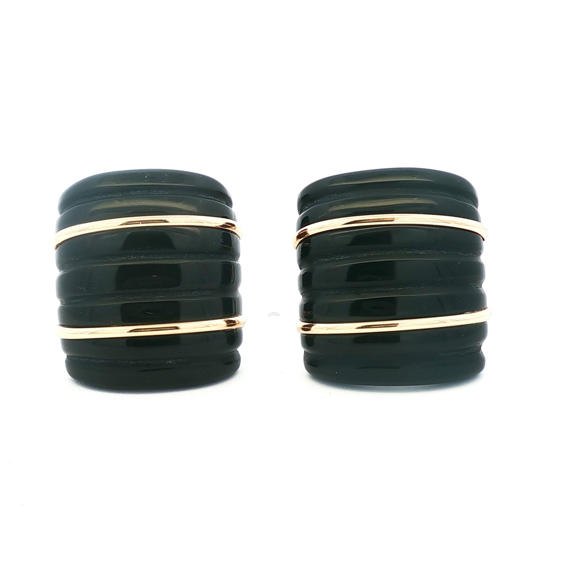 Vintage Cushion Ribbed Black Onyx and 14k Gold Earrings