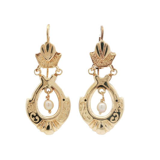 Vintage 14k yellow gold Victorian Styled Drop Earrings with Freshwater Pearls