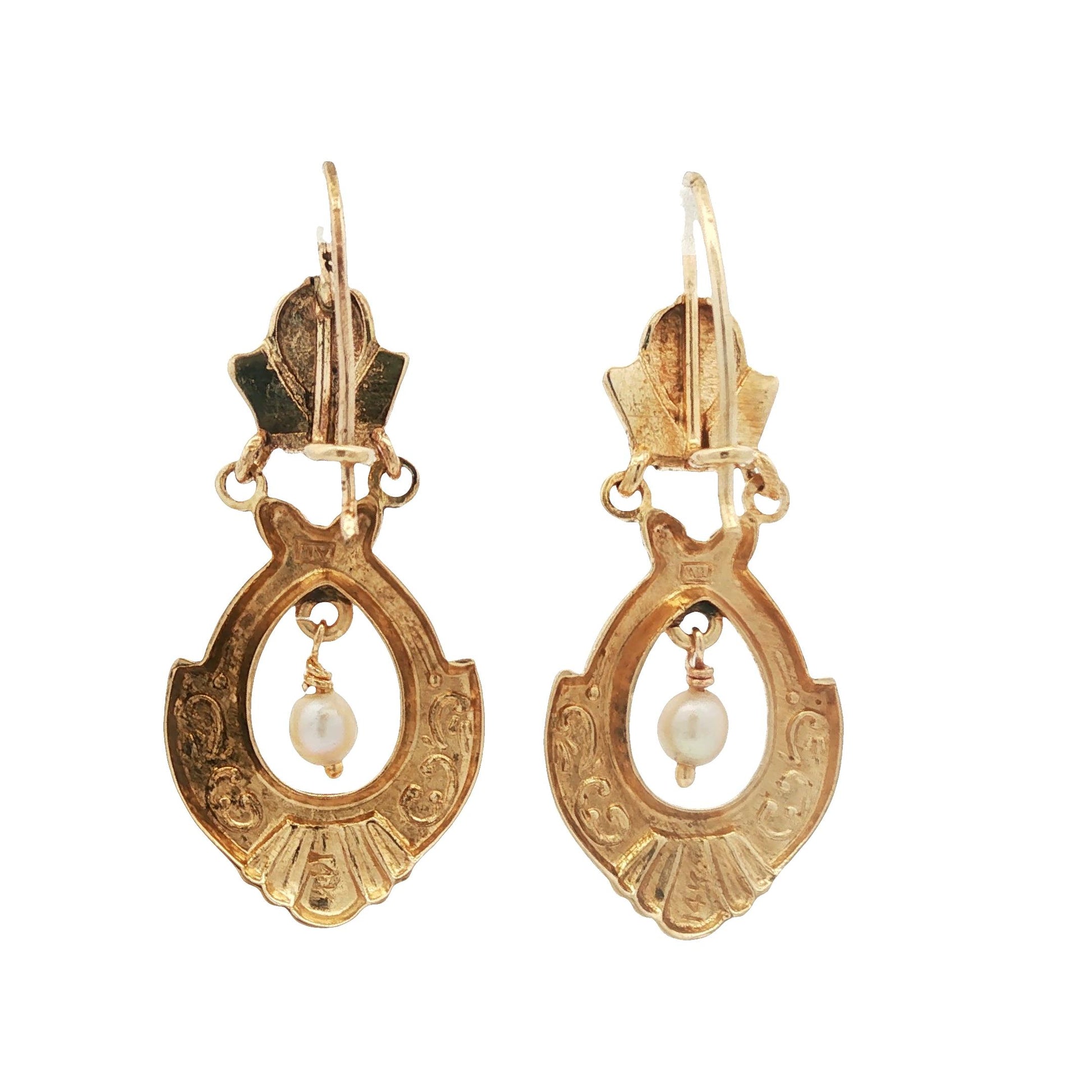 Vintage 14k yellow gold Victorian Styled Drop Earrings with Freshwater Pearls